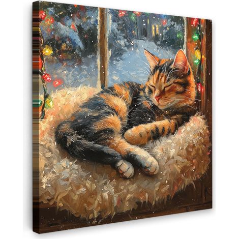 TABLEAU SUR TOILE Chat - Noël - Hiver - Animal Tableau Chambre Adulte 90x90 cm