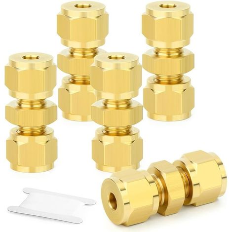 5 Pcs Raccord à compression en laiton, 4mm Raccord droit Union double, Connecteur à double bague pour tubes en cuivre, plastique et aluminium (1/4)