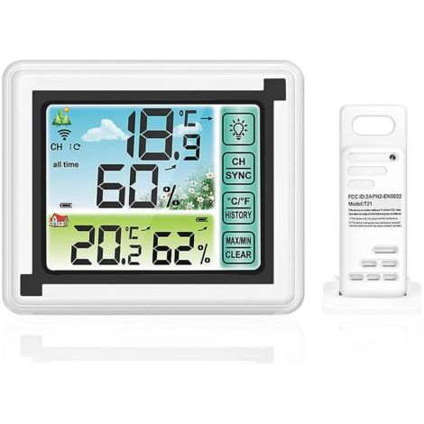 Station Météo Sans Fil Avec Capteur Extérieur Thermomètre et Hygromètre Numérique Intérieur Extérieur Rétroéclairage Réglable avec Grand écran LCD pour la Maison et Le Bureau