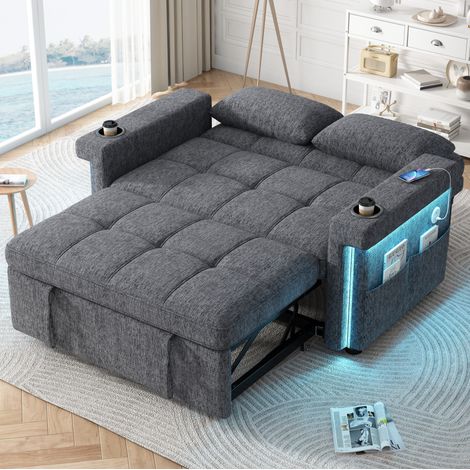 Sofá cama convertible de 2 plazas en chenilla gris con LED, USB/Type-C, respaldo ajustable DESVIAE (1/5)