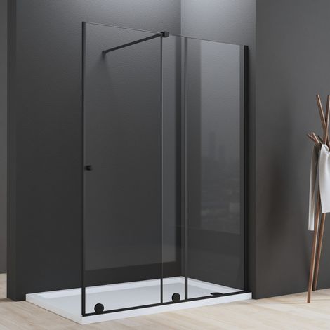 Walk-in Duschwand 140x185cm, Walk in Dusche Schiebetür breite 90-140cm, Schwarz Duschabtrennung aus 6mm ESG Sicherheitsglas