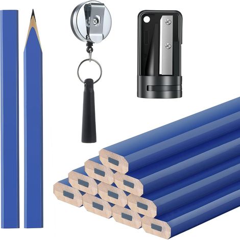 Lot de 12 crayons de charpentier de 17,8 cm avec taille-crayon et porte-stylo rétractable en silicone robuste pour le travail du bois (bleu) (1/5)