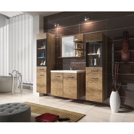 Conjunto de muebles de baño MADRID I, juego de muebles con lavabo incluido, iluminación LED, color matera (1/4)