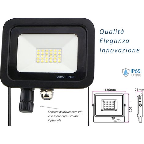 Faro Led Flood Light Slim 20W IP65 Bianco Neutro Carcassa Nera Sensore PIR Opzionale CL1918 (1/3)