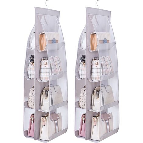 2-piece hanging handbag organizer for closets, with 8 practical transparent PVC pockets, grey (1/5)
