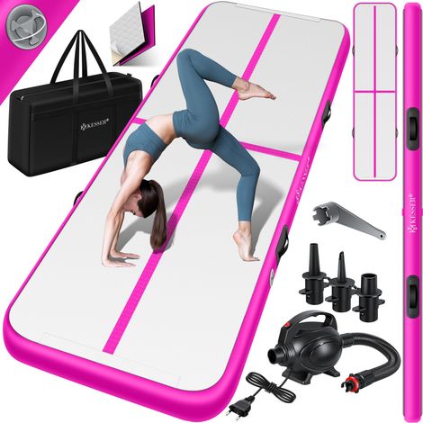 KESSER® Turnmatte Aufblasbar Airtrack Fitness-Matte Gymnastikmatte 3/4/5/6m inkl. Tragetasche & elektr. Luftpumpe Yogamatte Tumbling Matten Rosa / 400 x 100 x 10 cm