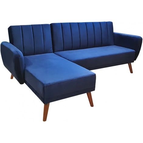 Canapé angle réversible convertible velours bleu pieds bois - URSULE (1/5)