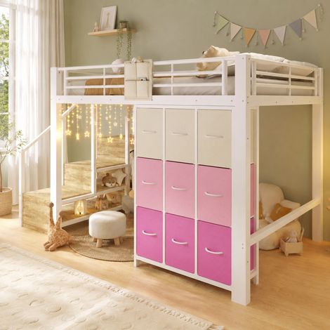 Lit mezzanine 140x200 cm métal blanc avec rangements, pour chambre d'enfant sans matelas – MEUBLIV (1/5)