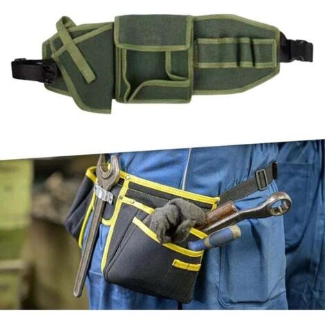 Ceinture porte-outils réglable avec porte-perceuse, sac à outils de chantier portable, en toile verte. (1/3)