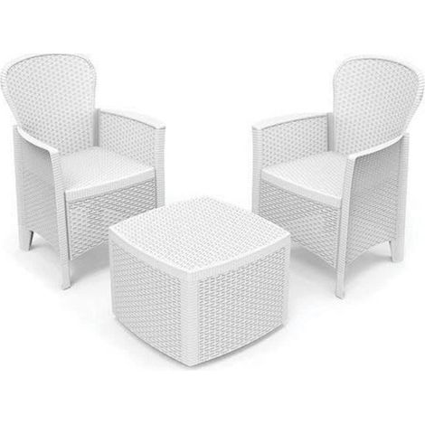 Ensemble de salon d'extérieur, Composition de jardin avec 2 fauteuils et 1 table de rangement, Salon effet rotin, Blanc (1/3)