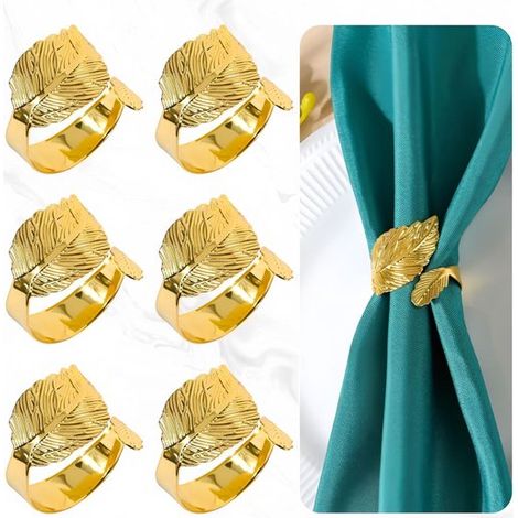 Juego de seis servilleteros dorados, con motivos de hojas metálicas y delicadas hebillas doradas, fiestas, banquetes y manteles festivos (1/4)