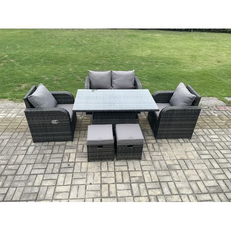 Fimous Wicker PE Rattan Furniture Garden Dining Set Outdoor Patio Height Adjustable Rising lifting Table Love Sofa With Reclining Chair 2 Small Footstools