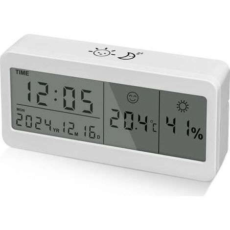 Réveil Numérique, Reveil Matin a Piles avec Grand écran LCD, Reveil Digital pour Voyage Chambre Bureau, Horloge Numérique avec Date, Température, Humidité, Snooze, Rétroéclairage (Blanc) (1/5)