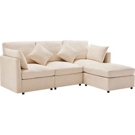 Modulares L-Ecksofa aus beiger Chenille mit mobilem Hocker und 4 Kissen (1/5)