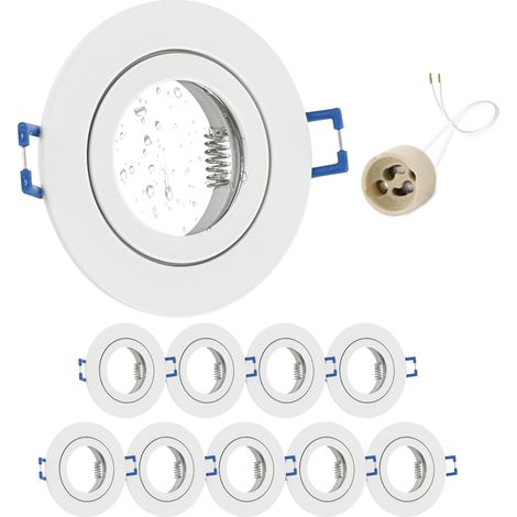 10x Spot LED Encastrable 230V IP44 Cadre Avec Douille GU10, Spots de plafond en Aluminium Blanc, Rond plat Spots Salle de bain spot cadre d'encastrement 68mm pour extérieur- intérie (1/5)