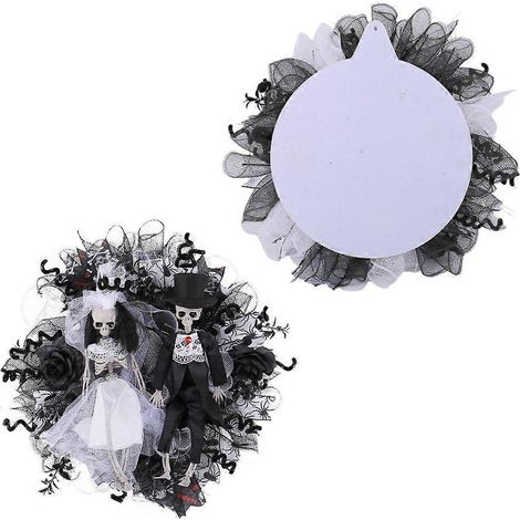 Couronne d'Halloween avec crânes de couple, décoration de porte, couronne montée pour festival (1/4)