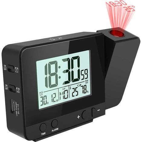 Digitaler Projektionswecker mit Temperatur- und Zeitanzeige / USB-Anschluss / Anzeige von Innentemperatur und Luftfeuchtigkeit / Automatische Zeiteinstellung über DCF / Kalender (1/5)