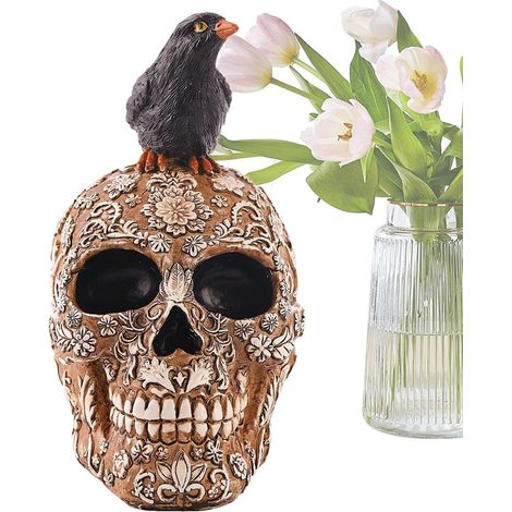 Figurine de Corbeau sur Crâne - Statue de Corbeau Squelette pour Halloween (1/5)