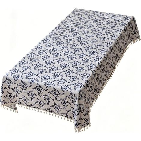 Nappe anti-poussière décorative avec pompons imitation lin résistant à l'eau pour salle à manger cuisine 140 x 180 cm (140 x 260 cm) (1/5)