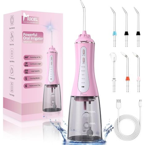 Hydropulseur dentaire avec 5 modes, irrigateur oral avec 6 embouts, 350 ml, sans fil, étanche IPX7, portable, puissant, pour le nettoyage des dents, avec batterie pour le voyage (Rose) (1/5)