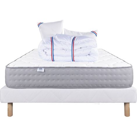 Ensemble Sommier blanc (13cm) Matelas Zen (20 cm), ferme, face été/hiver,Oreiller et Couette, 160x200cm (1/5)