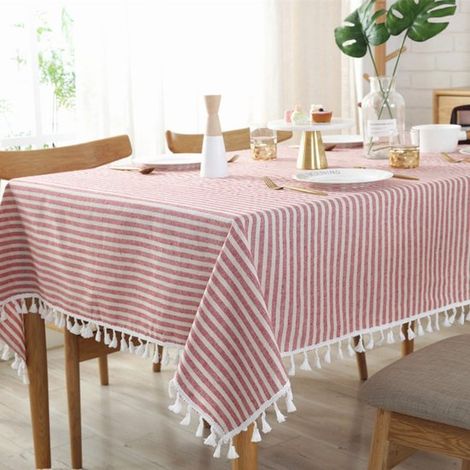 Mantel de lino y algodón a rayas con borlas,Cubremesas antipolvo,Ideal como decoración de mesa en la cocina y el comedor (130 x 180 cm) (1/5)