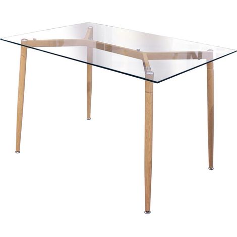 Altobuy – Table repas rectangulaire en verre trempé – Piétement en acier inoxydable aspect bois – Dimensions 115x75xH75 cm – Pour salle à manger moderne (1/5)