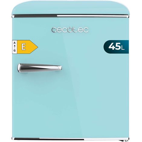 Blauer Mini-kühlschrank im Retro-Stil, 89 cm hoch und 49 cm breit mit 95 L Fassungsvermögen, Energieklasse E, Icebox (Eisfach) und Chromgriff.