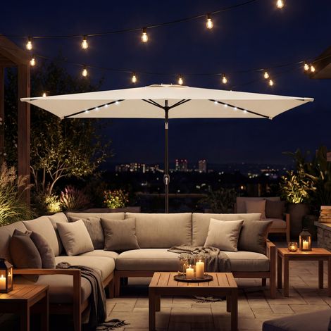 Parapluie jardin 24 lumières solaires LED baldaquin inclinable poteau métallique 2,9x2,5m, crème
