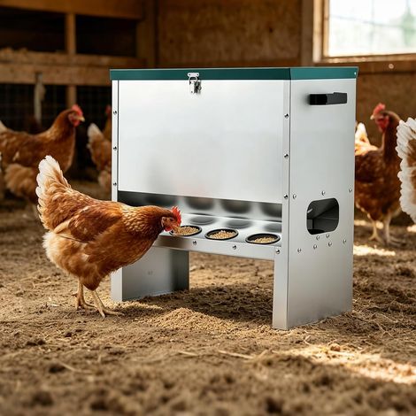 Mangeoire volailles acier galvanisé 10 emplacements sans gaspillage couvercle verrouillable poules canards (1/5)