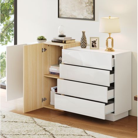 Aparador de 140x35x81cm con 4 cajones y 2 puertas, cómoda, mueble de cocina, MDF, blanco + natural (1/5)