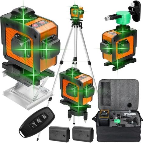 Niveau laser 360° 4D 16 lignes, Laser Chantier avec 2 piles, autonivelant 3°, table élévatrice + plaque de fer + support mural, télécommande (1/4)