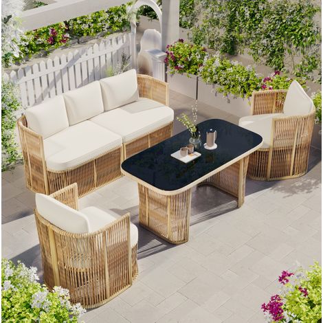 Salon de jardin 4 pièces 172,5/69/75 cm beige en rotin PE avec table en verre trempé (1/5)