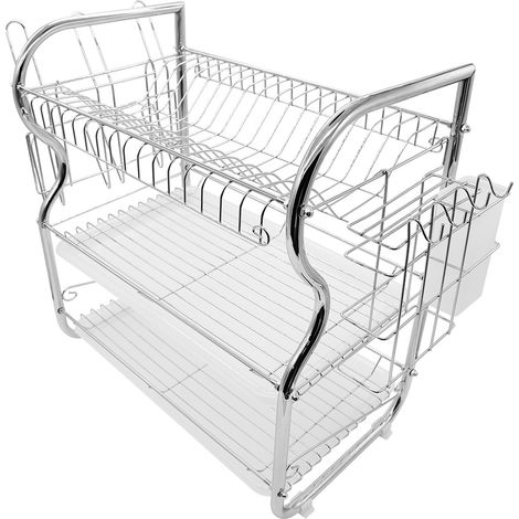 Aqrau Égouttoir à assiettes en acier inoxydable, Panier égouttoir d'évier ,Porte-couverts Bac de récupération crochets pour tasses et assiettes en métal Planche à découper - Argent