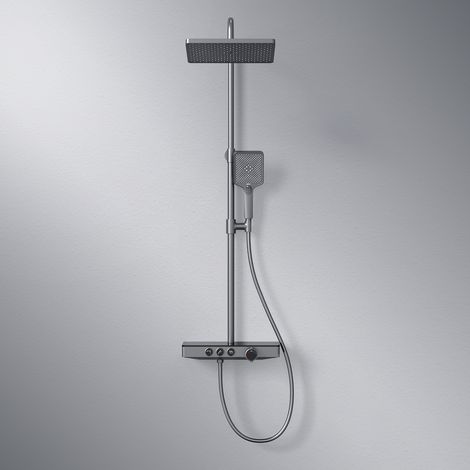 EMKE Duschsystem mit Thermostat Glasablage Handbrause 3 Strahlarten Regendusche, Wasserauslass Verbrühungsschutz Wandmontage KTW-Zertifizierung, Anthrazit Matt