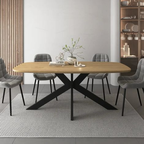 Table ovale 200 x 100 cm plateau en MDF effet chêne clair et pieds croisés en acier noir Tove (1/4)