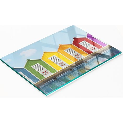 Tablero decorativo multifuncional de vidrio templado con dise帽o de casas de playa, 80x52 cm. (1/5)