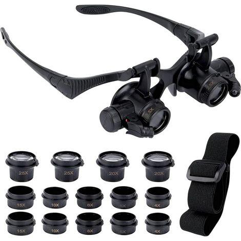 Magnifying Glasses with 2 LED Lights, 8 Detachable Lenses, Head Mount Magnifier, Hands Free Magnifying Glasses for Repair, Reading, Jewelry, Watches (2.5X 4X 6X 8X 10X 15X 20X 25X)