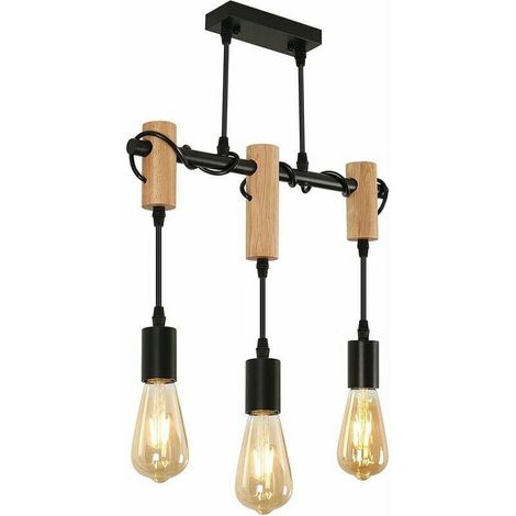Vintage Pendant Light, Industrial Ceiling Light, Adjustable Wooden Chandelier for Dining Room, Living Room, 3 E27 Lights (Bulb Not Included) (1/5)