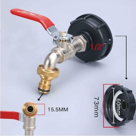 Robinet de collecte d'eau de pluie 1000L, adaptateur de cuve en polypropylène, filetage mâle 60mm (1/2), robinet de puisage extérieur pour citerne, accessoires de récupération d'eaux pluviales. (1/5)