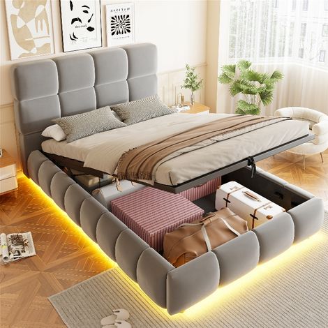 Lit coffre 90x200 cm avec rangement hydraulique et éclairage LED, lit capitonné 1 place en velours gris avec tête de lit et sommier (1/5)