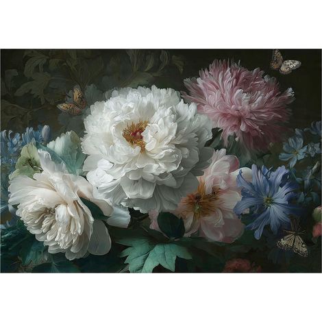Papier peint mural pivoines fond noir intissé grand format design intérieur salon chambre pas cher 150x105 cm (1/5)