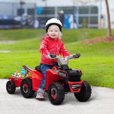 Quad électrique pour enfants avec remorque. 2.5 km/h. autonomie de 50 minutes. pour les enfants de 18 mois à 3 ans. jusqu'à 25 kg. rouge