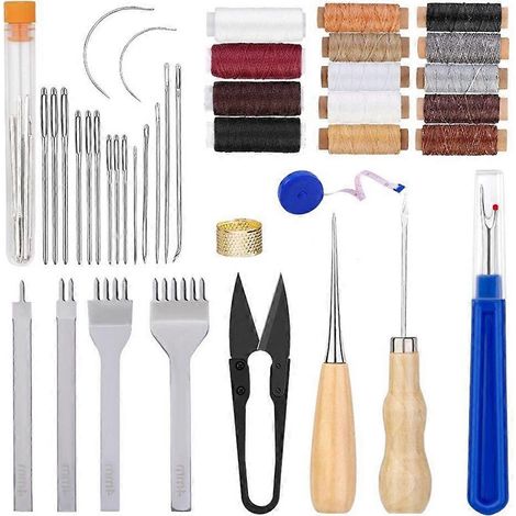 Outils pour le travail du cuir avec fil ciré, poinçons à coudre, aiguille à coudre (1/4)