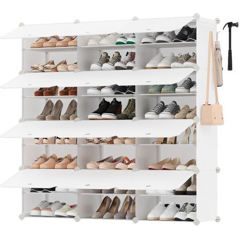 Songmics – Étagère à chaussures modulable 12 compartiments – Rangement pour 48 paires – Structure en acier – Dimensions 32 x 124,4 x 124,6 cm – Blanc nuage (1/5)