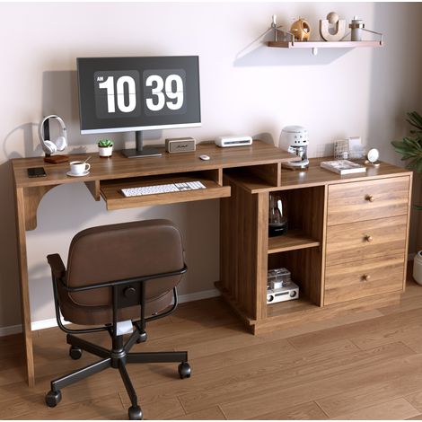 Escritorio con almacenamiento extensible (110 cm), cajón para teclado, 3 cajones y sistema de gestión de cables, MDF de nogal (1/5)