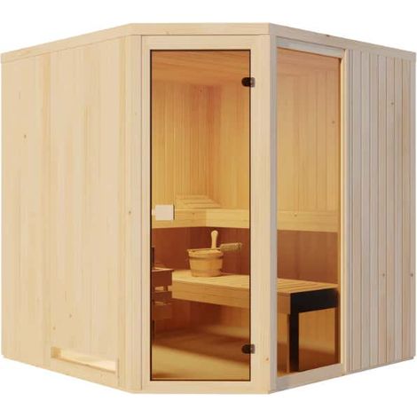 FinnTherm Innensauna Family Innensauna 3 Sitzbänke aus Holz, Saunakabine mit 72 mm Wandstärke, Dampfsauna mit Montagematerial