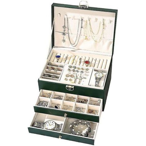 Boîte à bijoux à trois niveaux – Rangement à double tiroir – Matériau PU – Taille 23x17x13,5cm pour colliers et bagues (1/5)