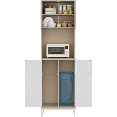 Armoire haute de cuisine avec espace poubelle et compartiments réglables, 53x35x181 cm, finition bois naturel et blanc (1/5)