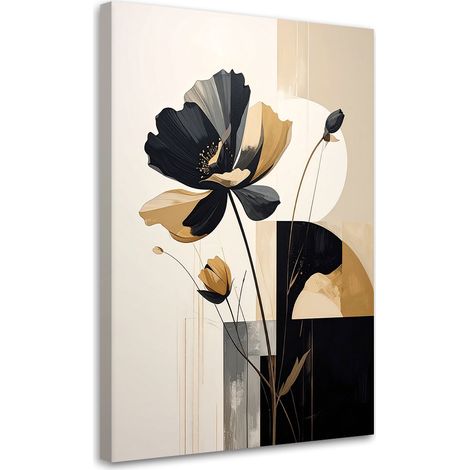 Stampe su Tela, Fiori beige e neri in una composizione decorativa moderna. - 20x30 (1/2)